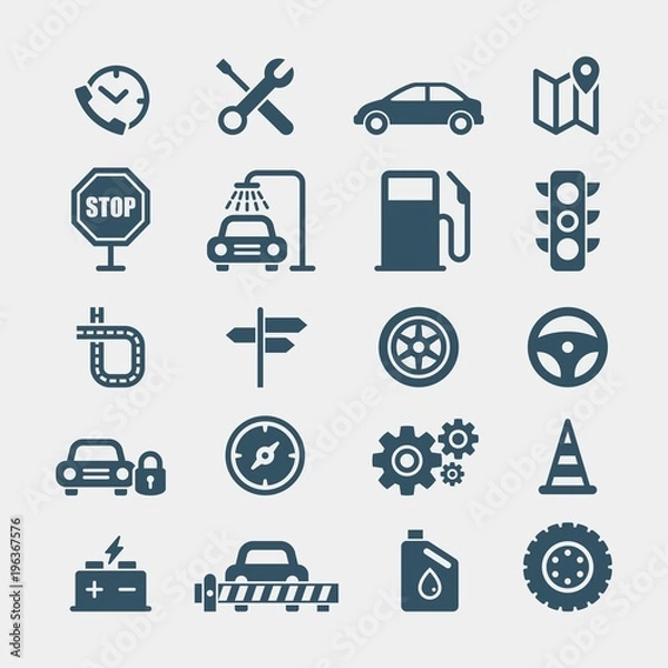 Fototapeta Automobile flat vector icons set. Car flat vector icons set. Car service flat vector icons set. Autoparts flat vector icons set