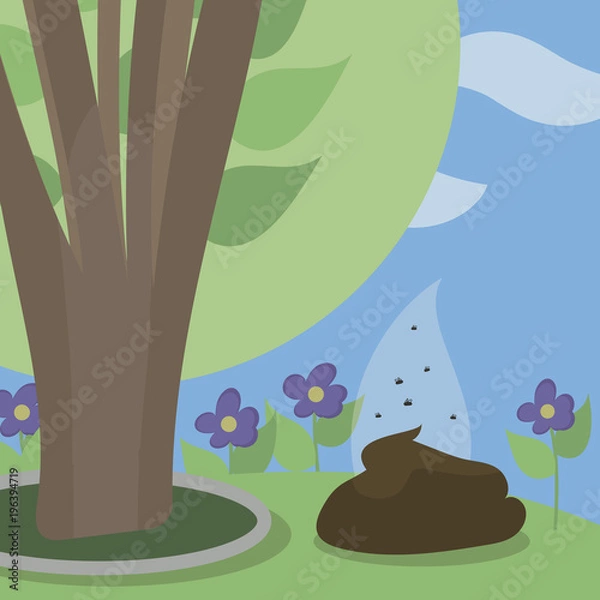 Fototapeta little brown vector of a pile of excrement under a green bush in a park illustration