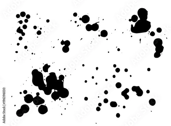 Fototapeta Black paint, ink splash, brushes ink droplets, blots. Black ink splatter grunge  background, isolated on white. Vector illustration