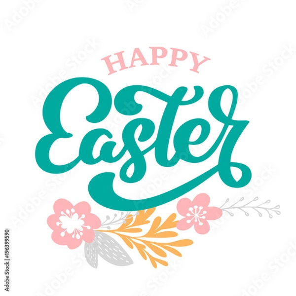 Fototapeta Hand drawn lettering Happy Easter with flowers, branches and leaves Scandinavian vector illustration. Design for invitations, greeting cards. Isolated on white background