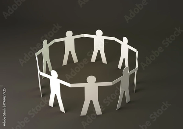 Fototapeta 3d rendering papercraft a group of people holding hands with grey background