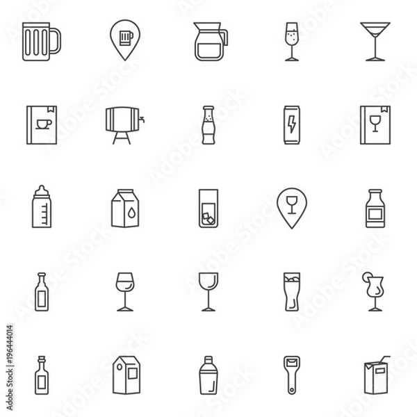 Fototapeta Drinks and beverages outline icons set. linear style symbols collection, line signs pack. vector graphics. Set includes icons as beer mug, water jug, champagne glass, cocktail , wine barrel, milk pack