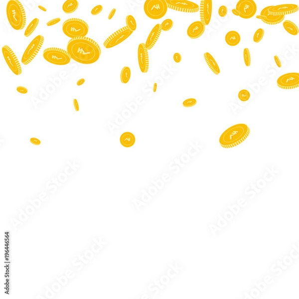 Fototapeta Indian rupee coins falling. Scattered disorderly INR coins on white background. Shapely scatter top gradient vector illustration. Jackpot or success concept.