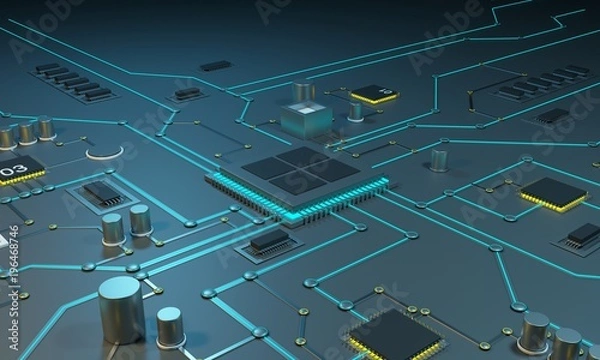 Fototapeta Multicore processor on an integrated circuit. Data streams. Neon lines. Integrated circuits. Chips RAM
