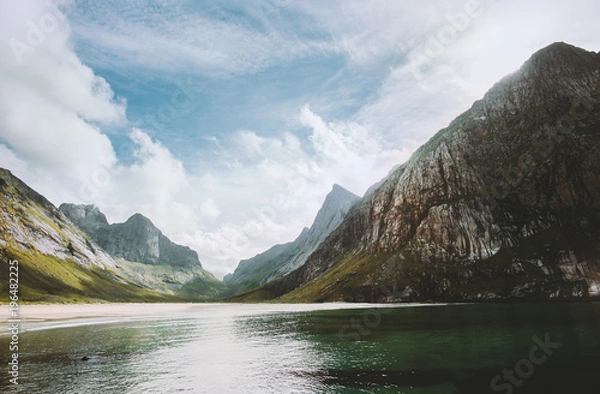 Obraz Lofoten islands Horseid beach view sea and mountains in Norway Landscape wild scandinavian nature scenery summer travel