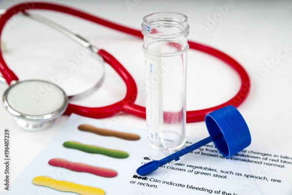 Obraz Human Stool Sample.
Human stool sample waiting for testing, with a stool checking chart. 
