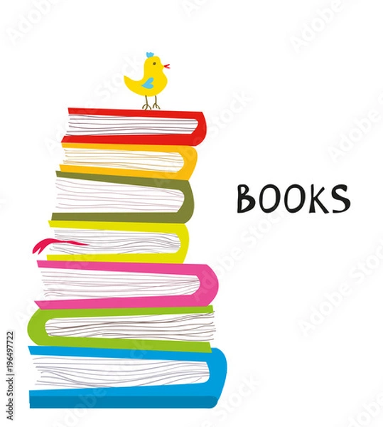 Fototapeta Books pile and bird illustration, cartoon style in vector graphic for kids