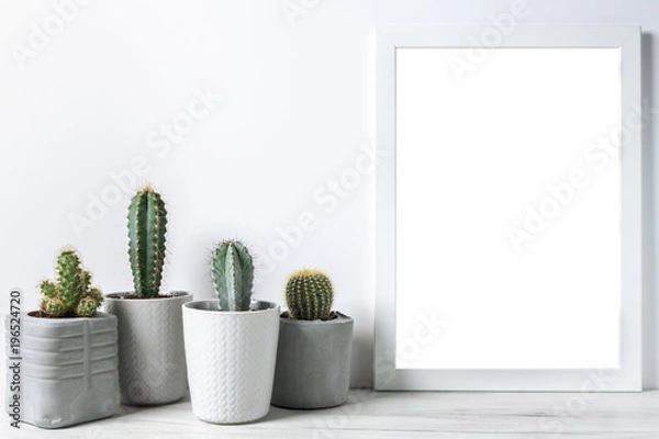 Fototapeta Cactuses in concrete diy pots and empty frame on a white wall background