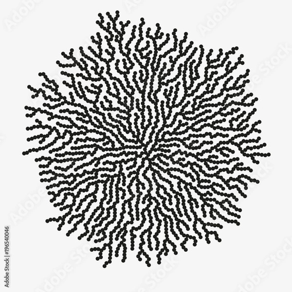 Fototapeta Monochrome abstract vector illustration with organic shape made of round particles. Modern scientific background with growing microscopic bacteria. Schematic generative fungus. Element of design.