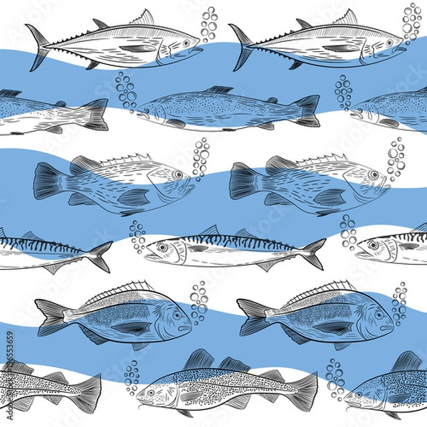 Fototapeta A set of popular sea fish floating in different directions. Tuna, cod, dorado, salmon, sea bass, mackerel and oxygen bubbles. Sketch, vector illustration