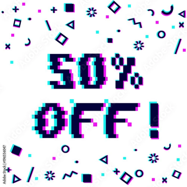 Fototapeta Vector 50 percent off sale 8-bit pixel art style banner. Text with glitch effect and geometric decor elements. White background