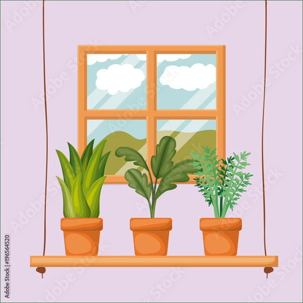 Fototapeta colorful background with home window with potted plants vector illustration