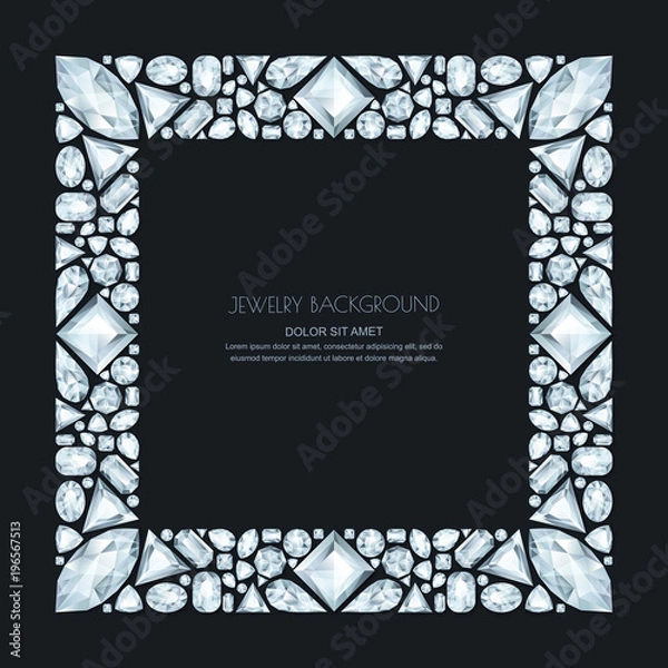 Fototapeta Vector square frame from realistic silver gems and jewels on black background. Shiny diamonds jewelry design elements.