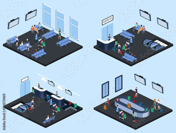 Fototapeta Isometric 3D vector illustration set people at the airport with luggage and waiting for the plane