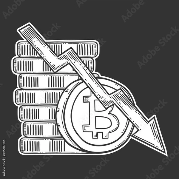 Fototapeta Bitcoin down and decrease stock vector image, digital currency, cryptocurrency money, bitcoin symbol. Doodle and engraved style illustration, hand drawn