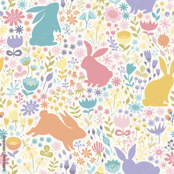 Fototapeta Seamless pattern of multicolored silhouettes of rabbits and wildflowers