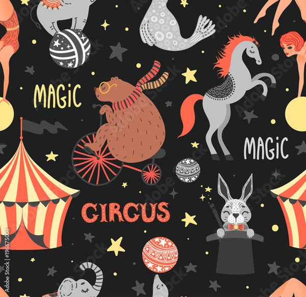 Fototapeta Vector illustration of circus animal. Cute cartoon characters. Seamless pattern
