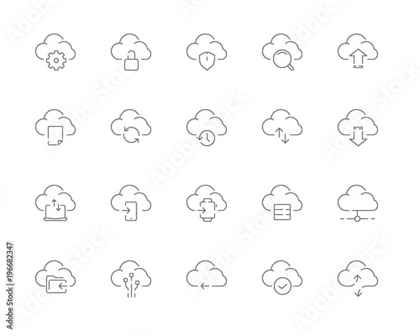 Fototapeta Simple set of Cloud computing vector line web icons. Contains such Icons as Data upload, Data synchronization, Cloud service and more. Editable Stroke. 48x48 Pixel Perfect.