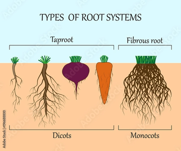Fototapeta Types of root systems of plants, monosots and dicots in the soil in cut. Education poster, vector illustration.