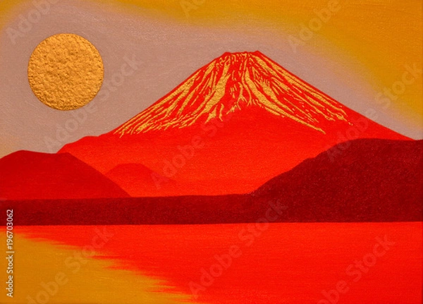 Fototapeta 本栖湖からの金の太陽の日の出赤富士