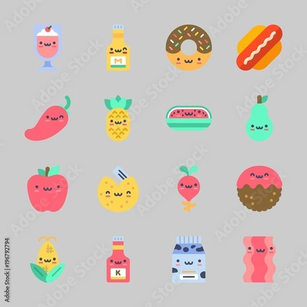 Fototapeta Icons about Food with pineapple, mustard, fortune cookie, bacon, ketchup and apple