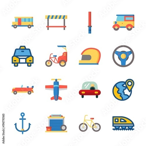 Obraz icon Transportation with car, steering wheel, bus, helmet and sport  car