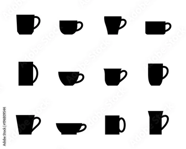 Obraz Set of cups isolated on white. Different shapes of cups. Collection of mugs. Elements for your kitchen or cafe design. Black silhouettes of cups.