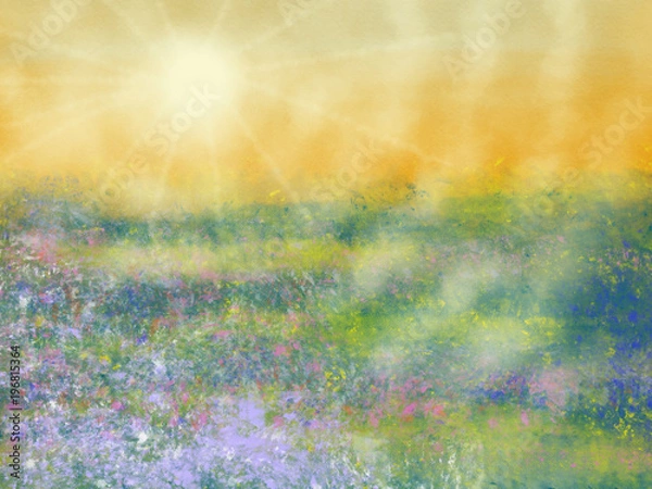 Fototapeta Colorful hand drawn abstract view of field with flowers on yellow watercolor background as sun light, cartoon illustration of spring landscape view painted by watercolor and pastel chalk, high quality