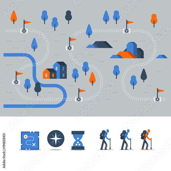 Fototapeta Outdoor trail, hiking map, countryside landscape, Nordic walking, orienteering concept, trail path with flags, vector icons