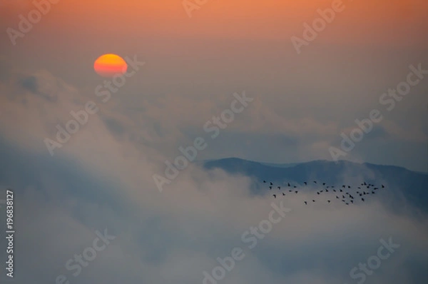 Fototapeta Sunrise on the Khambal mountane ridge in the clouds