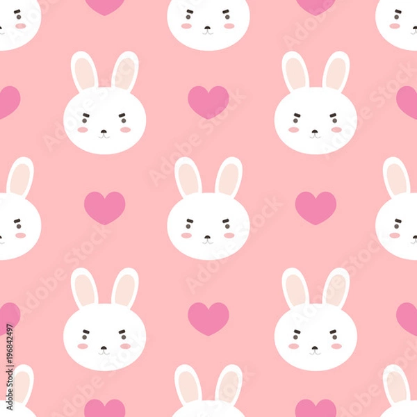 Fototapeta Seamless pattern cute white rabbit and heart on pink background