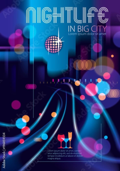 Fototapeta Night city life with street lamps and bokeh blurred lights. Effect vector beautiful background. Blur colorful dark background with cityscape, buildings silhouettes skyline.