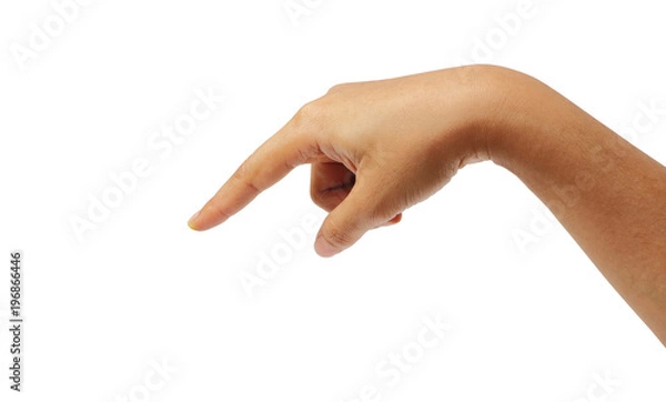 Fototapeta Feale hand pointing finger isolated with clipping path.