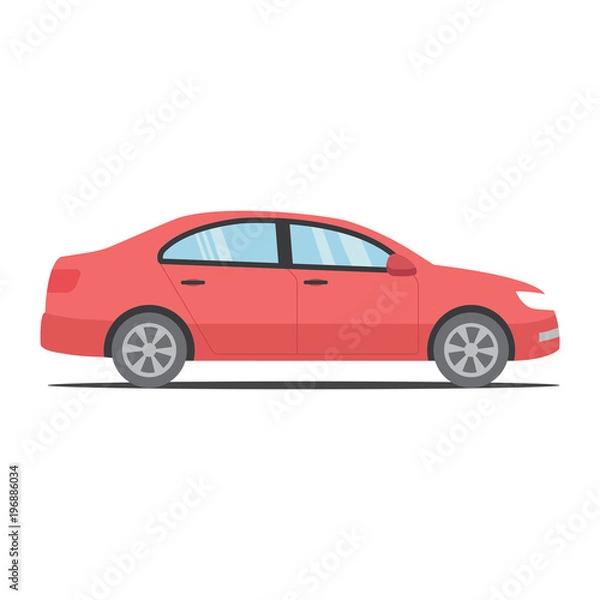 Fototapeta Simple modern red car with shadow. Car in flat design.  Isolated background. 