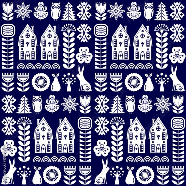 Fototapeta Scandinavian folk art seamless vector pattern with flowers, trees, rabbit, owl, houses with decorative elements and rural scenery in simple style