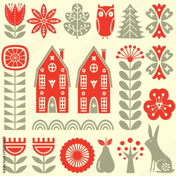 Obraz Scandinavian folk art seamless vector pattern with flowers, trees, rabbit, owl, houses and rural scenery in simple style