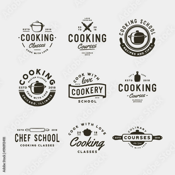 Fototapeta zestaw logo klas gotowania. emblematy szkoły kulinarnej w stylu retro. ilustracji wektorowych