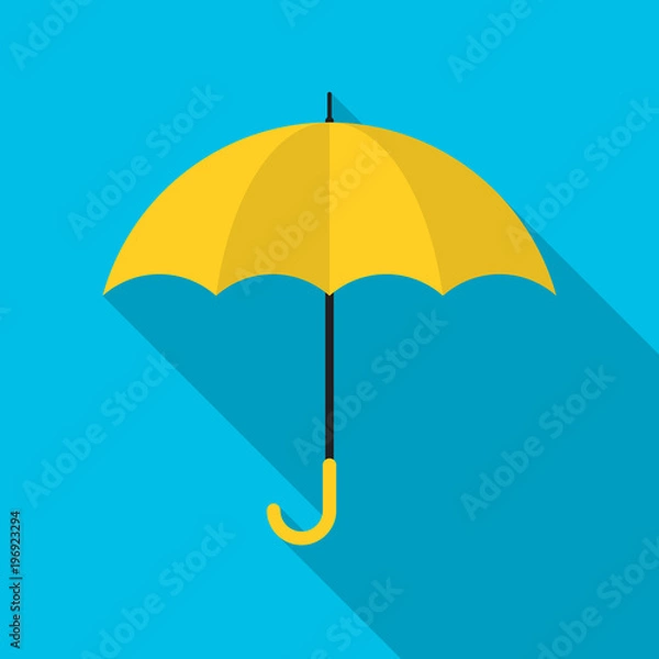 Fototapeta Yellow umbrella icon with long shadow. Flat design style. Umbrella simple silhouette. Modern, minimalist icon in stylish colors. Web site page and mobile app design vector element.