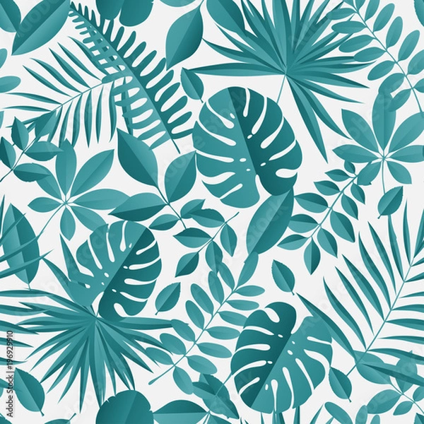 Fototapeta Paper palm, monstera leaves seamless pattern. Summer tropical leaf. Paper cut style. Origami exotic hawaiian jungle, summertime background