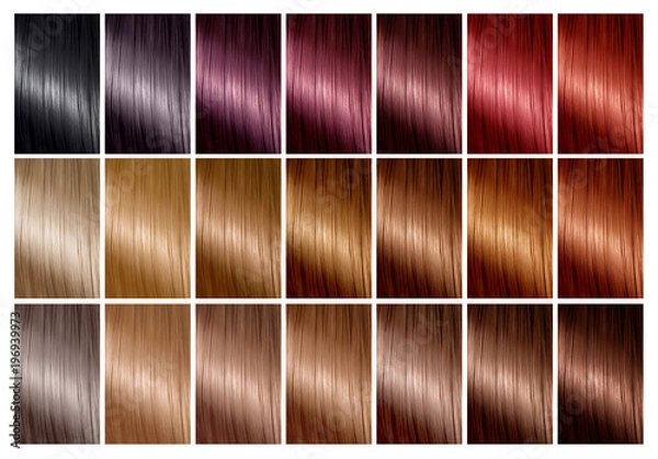 Fototapeta Hair color palette with a range of swatches. Tints. Color chart for hair dye