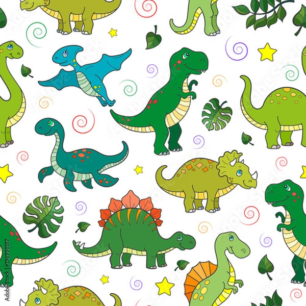 Fototapeta Seamless pattern with colorful dinosaurs and leaves, animals on white background