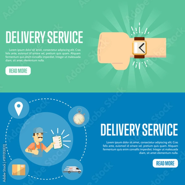 Fototapeta Smiling delivery man in uniform with clipboard on blue background. Human hand with watch on green background. Delivery service website templates, vector illustration. Professional courier concept.