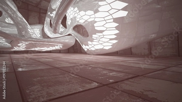 Fototapeta Empty smooth abstract room interior of sheets rusted metal and brown concrete. Architectural background. Night view of the illuminated. 3D illustration and rendering