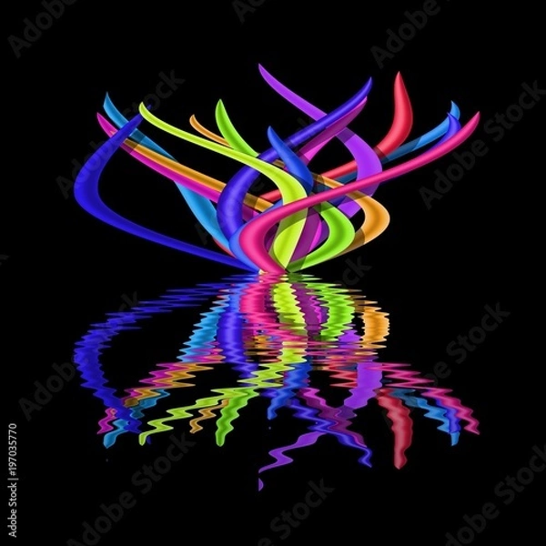 Fototapeta Illustration of abstract bright colourful tussock on black background reflected in water