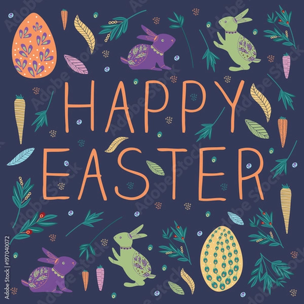 Obraz Happy bunny easter with egg, rabbit, carrot. Cute and bright graphic for brand who has fun and happy style. Suits for kids/children pattern.