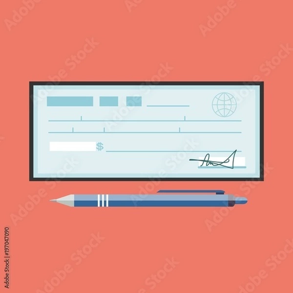 Obraz Cheque vector illustration. Cheque icon in flat style. Cheque book on colored background. Bank check with pen. Concept illustration pay, payment, buy.