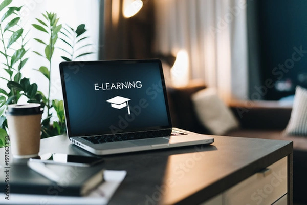 Obraz Bliska laptopa z napisem na ekranie e-learningu i obrazem kwadratowej czapki akademickiej i smartfona na stole w pustym pokoju.
