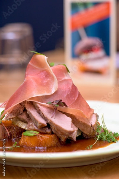Fototapeta Duck with ham, sweet potatoes and meat sauce