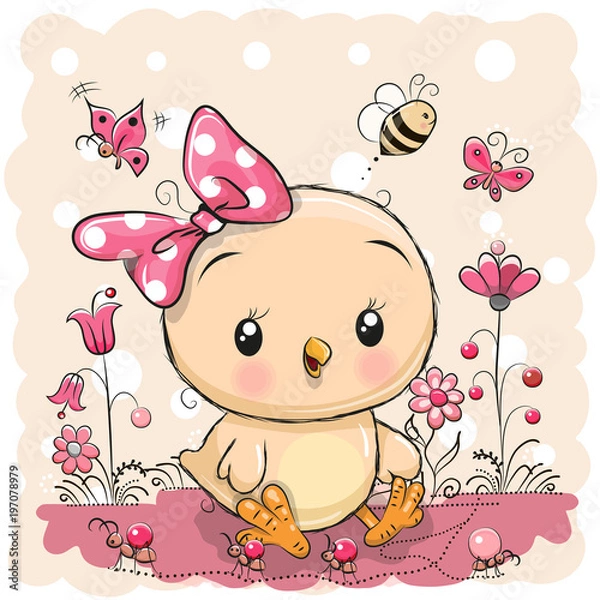 Fototapeta Cute Chicken with flowers and butterflies
