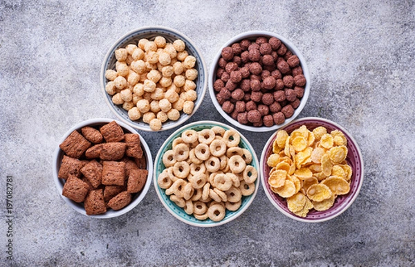 Fototapeta Selection of various corn flakes for breakfast